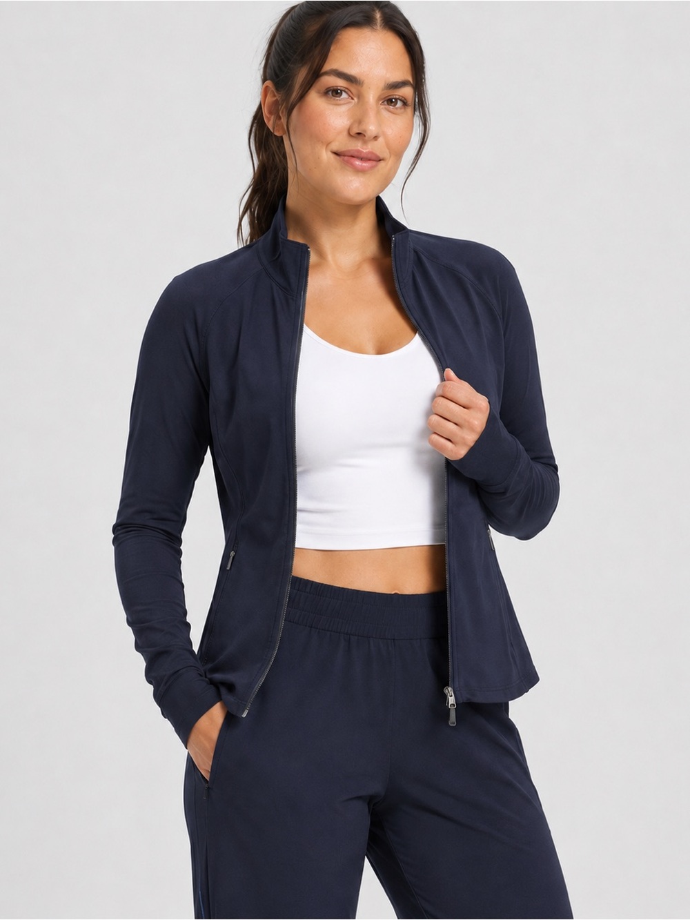 Athleta Salutation Jacket Large Navy Powervita Full Zip Thumbholes